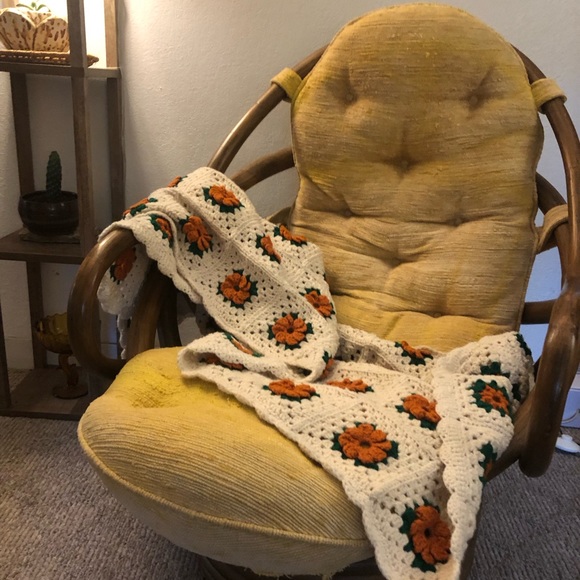 Hand Crafted Other - Retro 3D Orange Floral Granny Square Crochet Blanket